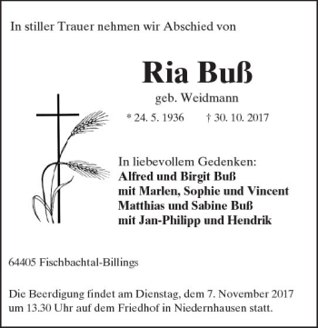 Traueranzeige von Ria Buß von Trauerportal Echo Online