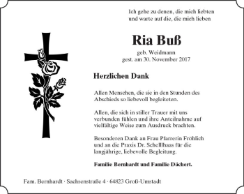 Traueranzeige von Ria Buß von Trauerportal Echo Online