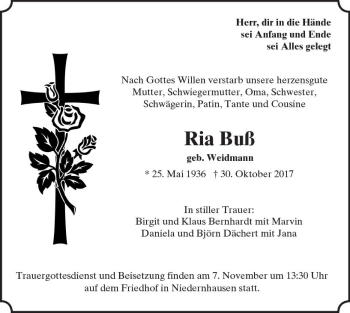 Traueranzeige von Ria Buß von Trauerportal Echo Online