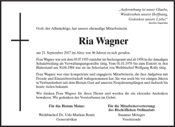 Traueranzeige von Ria Wagner von Trauerportal Rhein Main Presse