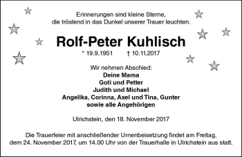 Traueranzeige von Rolf-Peter Kuhlisch von VRM Trauer Traueranzeige von Rolf-Peter Kuhlisch von VRM Trauer