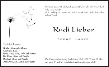 Traueranzeige von Rudi Lieber von Trauerportal Rhein Main Presse
