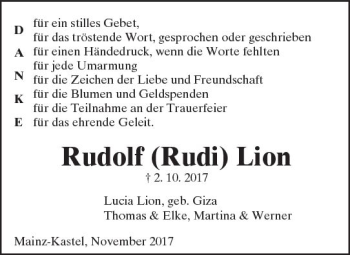 Traueranzeige von Rudolf Rudi Lion von Trauerportal Rhein Main Presse