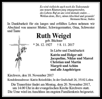 Traueranzeige von Ruth Weigel von  Gießener Anzeiger