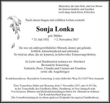 Traueranzeige von Sonja Lonka von  Usinger Anzeiger Traueranzeige von Sonja Lonka von  Usinger Anzeiger