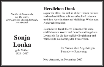Traueranzeige von Sonja Lonka von  Usinger Anzeiger Traueranzeige von Sonja Lonka von  Usinger Anzeiger