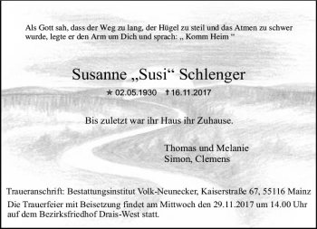 Traueranzeige von Susanne  Schlenger von Trauerportal Rhein Main Presse