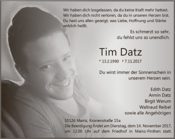 Traueranzeige von Tim Datz von Trauerportal Rhein Main Presse