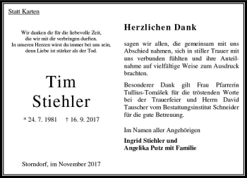 Traueranzeige von Tim Stiehler von VRM Trauer