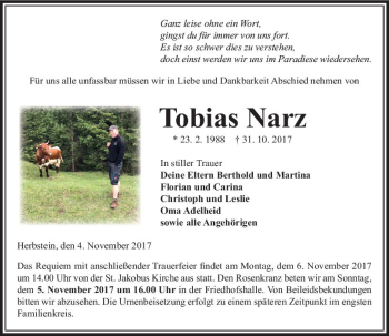 Traueranzeige von Tobias Narz von VRM Trauer Traueranzeige von Tobias Narz von VRM Trauer