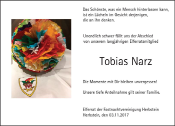 Traueranzeige von Tobias Narz von VRM Trauer Traueranzeige von Tobias Narz von VRM Trauer