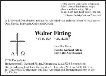 Traueranzeige von Walter Fitting von Trauerportal Rhein Main Presse