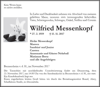 Traueranzeige von Wilfried Messenkopf von Trauerportal Rhein Main Presse