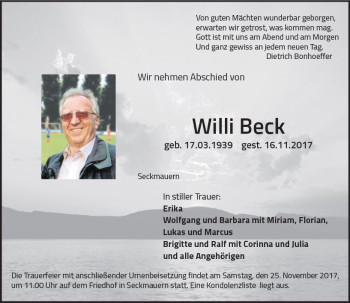 Traueranzeige von Willi Beck von Trauerportal Echo Online
