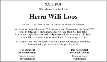 Traueranzeige von Willi Loos von  Kreisanzeiger
