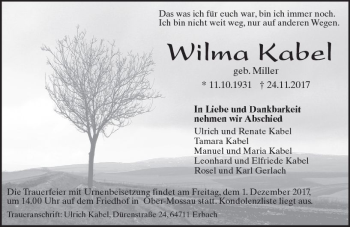 Traueranzeige von Wilma Kabel von Trauerportal Echo Online