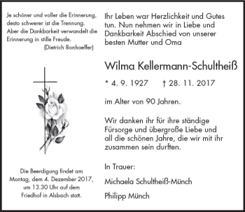 Traueranzeige von Wilma Kellermann-Schultheiß von Trauerportal Echo Online