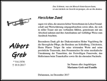 Traueranzeige von Albert Greb von VRM Trauer