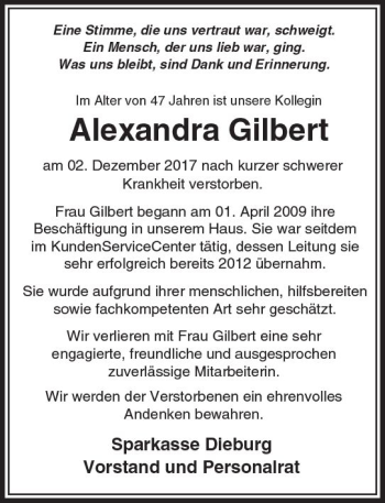 Traueranzeige von Alexandra Gilbert von Trauerportal Echo Online
