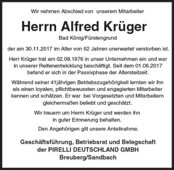Traueranzeige von Alfred Krüger von Trauerportal Echo Online
