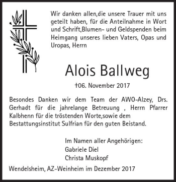 Traueranzeige von Alois Ballweg von Trauerportal Rhein Main Presse