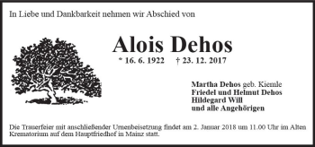 Traueranzeige von Alois Dehos von Trauerportal Rhein Main Presse