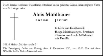 Traueranzeige von Alois Mühlbauer von Trauerportal Rhein Main Presse