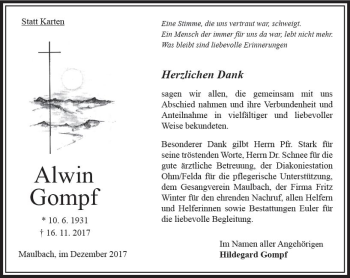Traueranzeige von Alwin Gompf von VRM Trauer