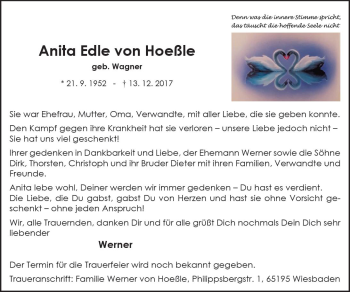 Traueranzeige von Anita Edle von Hoeßle von Trauerportal Rhein Main Presse