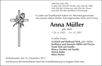 Traueranzeige von Anna Müller von  Kreisanzeiger