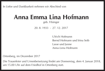 Traueranzeige von Anna Emma Lina Hofmann von  Kreisanzeiger