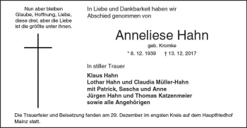 Traueranzeige von Anneliese Hahn von Trauerportal Rhein Main Presse