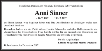 Traueranzeige von Anni Sinner von  Kreisanzeiger