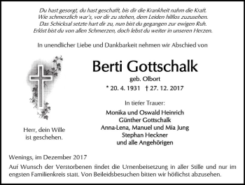Traueranzeige von Berti Gottschalk von  Kreisanzeiger