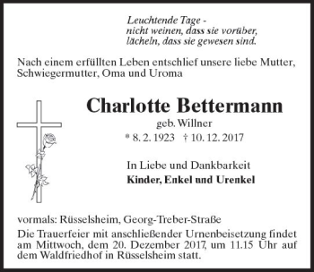 Traueranzeige von Charlotte Bettermann von Trauerportal Rhein Main Presse