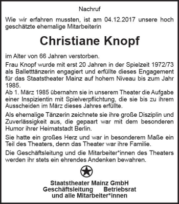 Traueranzeige von Christiane Knopf von Trauerportal Rhein Main Presse