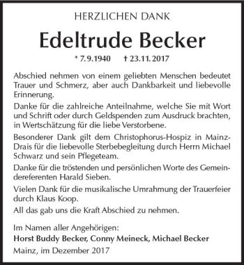Traueranzeige von Edeltrude Becker von Trauerportal Rhein Main Presse