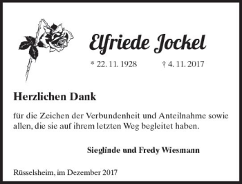 Traueranzeige von Elfriede Jockel von Trauerportal Rhein Main Presse