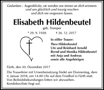 Traueranzeige von Elisabeth Hildenbeutel von Trauerportal Echo Online