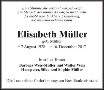 Traueranzeige von Elisabeth Müller von  Kreisanzeiger