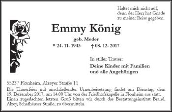 Traueranzeige von Emmy König von Trauerportal Rhein Main Presse