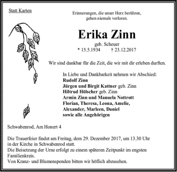 Traueranzeige von Erika Zinn von VRM Trauer