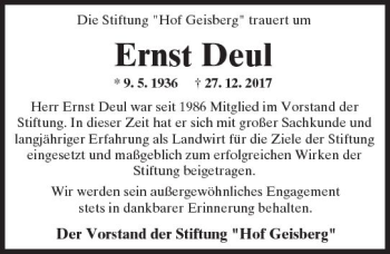 Traueranzeige von Ernst Deul von Trauerportal Rhein Main Presse