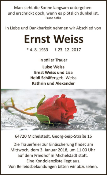 Traueranzeige von Ernst Weiss von Trauerportal Echo Online