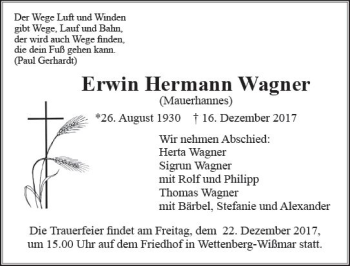 Traueranzeige von Erwin Hermann Wagner von  Gießener Anzeiger