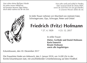 Traueranzeige von Friedrich Hofmann von  Kreisanzeiger