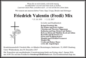 Traueranzeige von Friedrich Valentin Mix von  Kreisanzeiger