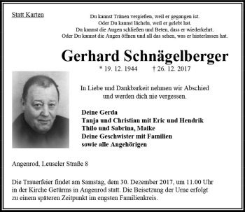 Traueranzeige von Gerhard Schnägelberger von VRM Trauer