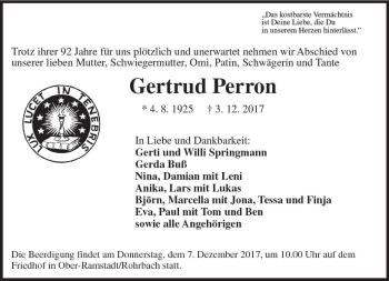 Traueranzeige von Gertrud Perron von Trauerportal Echo Online