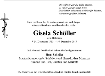 Traueranzeige von Gisela Schöller von Trauerportal Rhein Main Presse